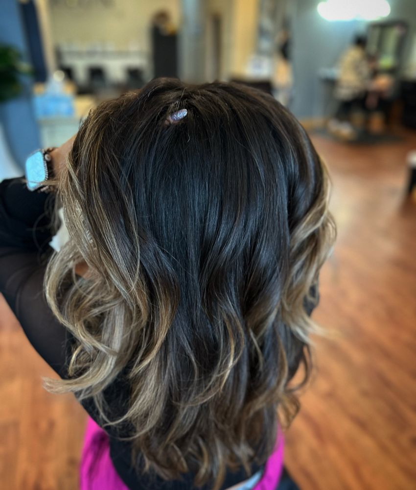 Rich brunette with caramel and blonde balayage ends